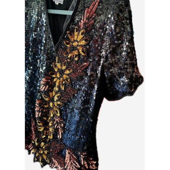 Stenay Vintage Silk Sequin Beaded Floral Leaf Black & Gold Size M - Picture 7 of 8